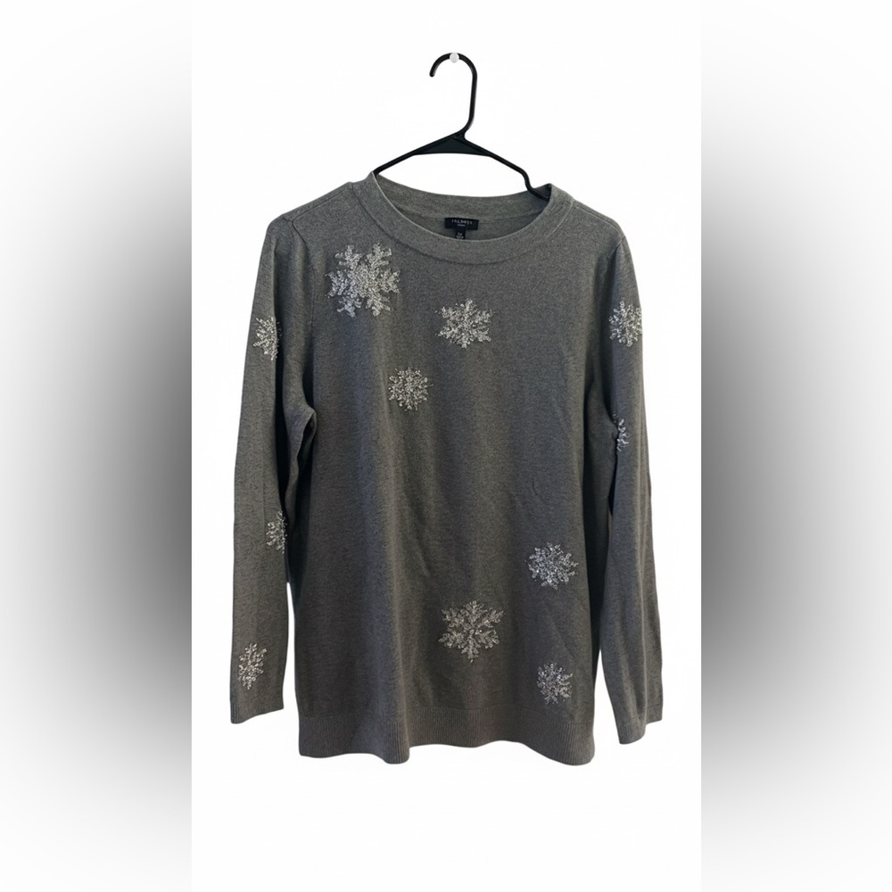Talbots Petite Cashmere Blend Grey Snowflake Sweater Silver Sequin Winter Size L
